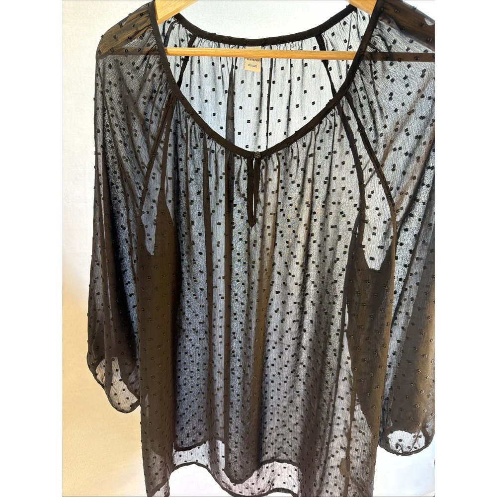 Women's Black Swiss Dot Blouse Balloon Sleeve Sheer Peasant Top Camisole Size XL
